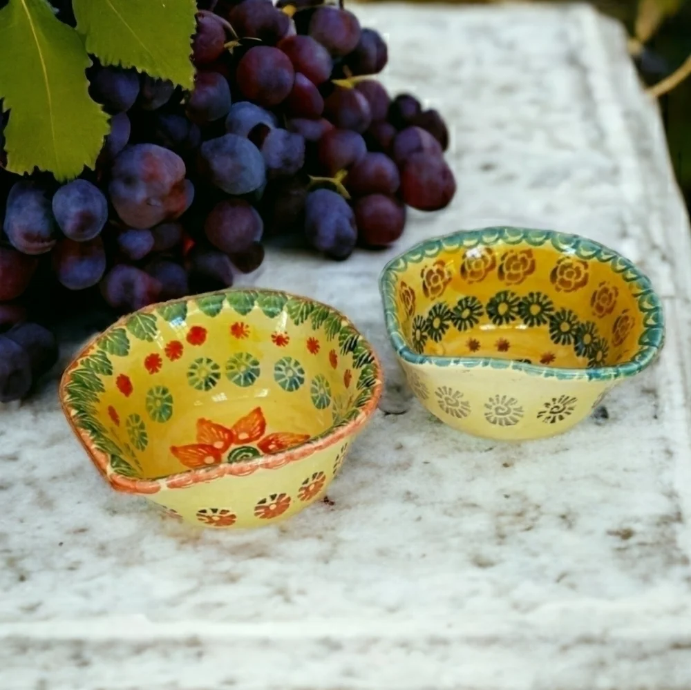Vintage Hand Painted Pottery Bowls (2) Yellow Floral Print Ruffled Edges 🇮🇹
